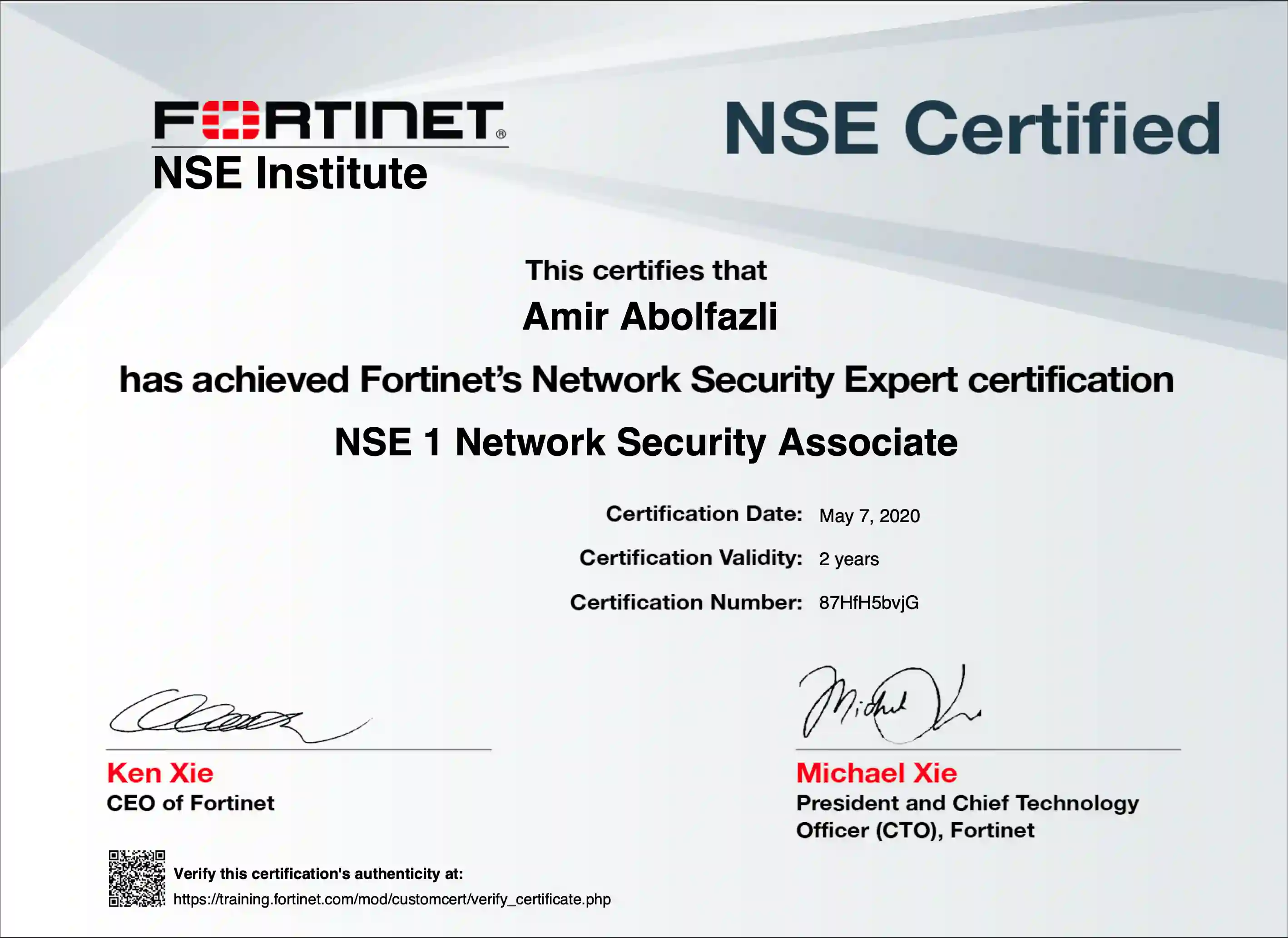 Fortinet NSE 1 Network Security Associate badge