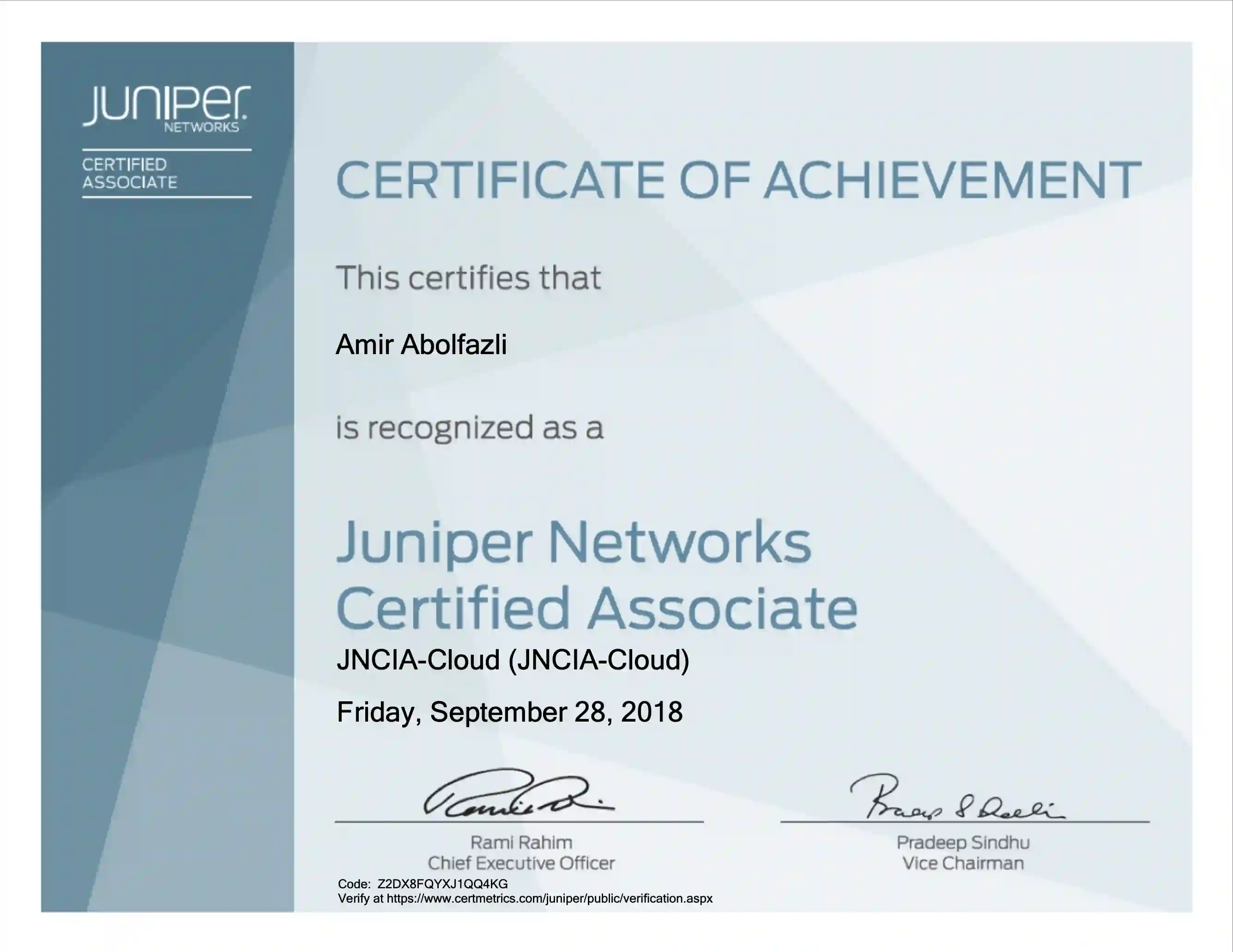 Juniper Networks Certified Associate JNCIA-Cloud badge