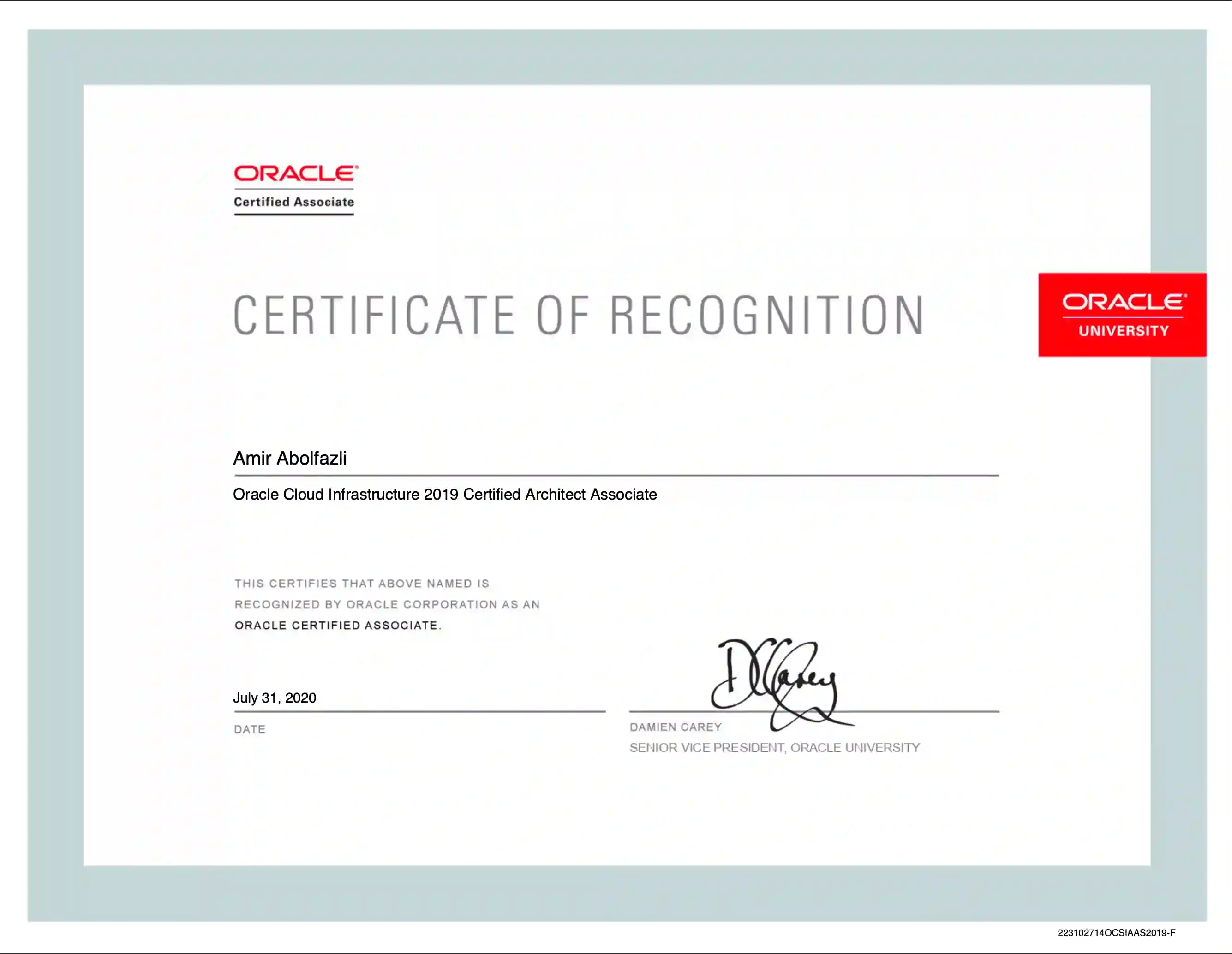 Oracle Cloud Infrastructure Certified Architect Associate badge